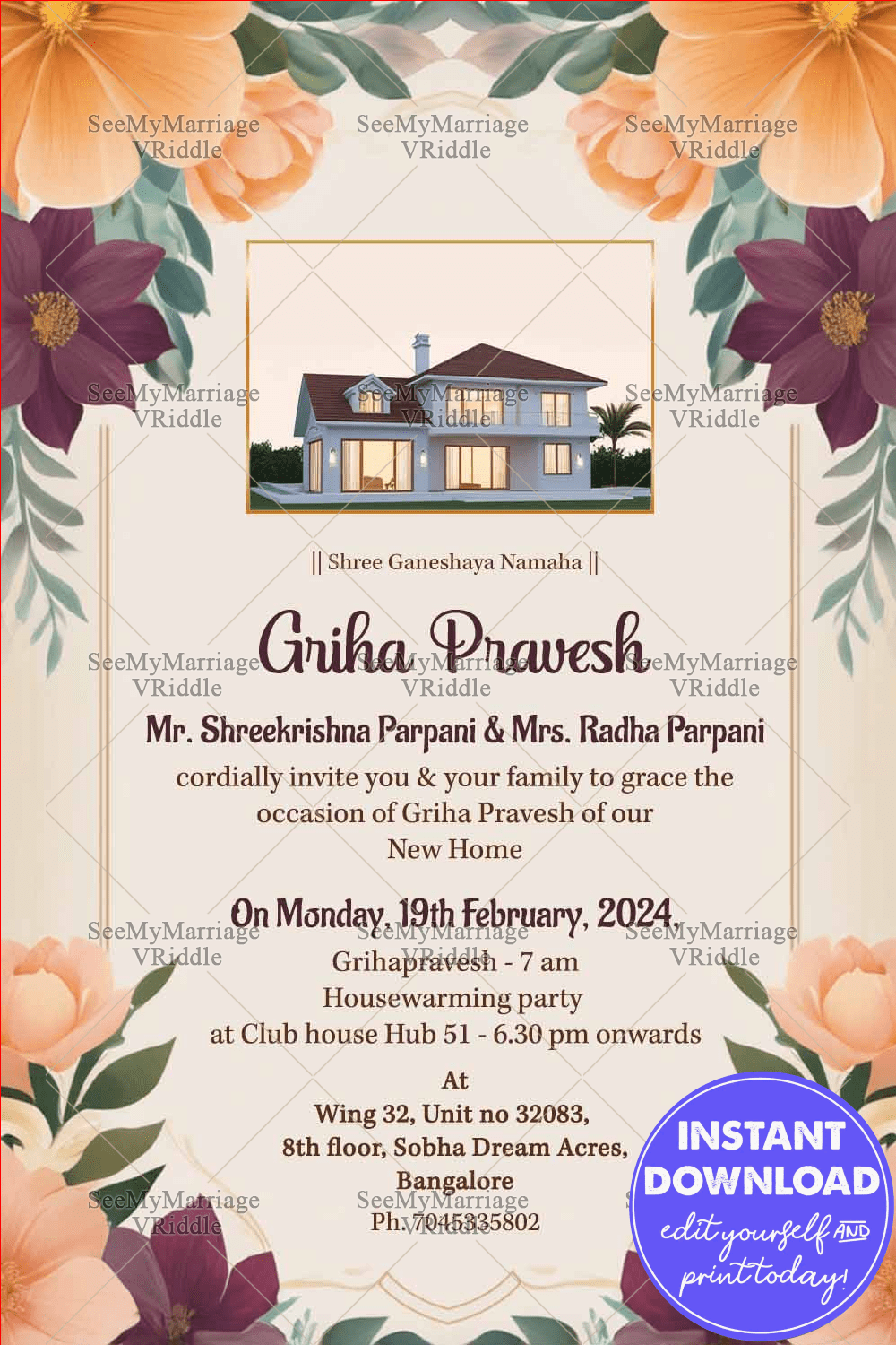 Dahlias Bloom Theme Griha Pravesh Ceremony Invitation Card with Add House Photo Background