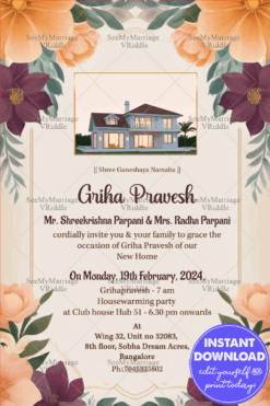 Dahlias Bloom Theme Griha Pravesh Ceremony Invitation Card with Add House Photo Background