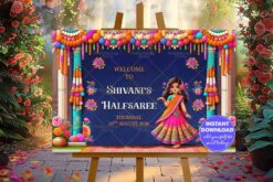 Deep Blue Theme Half Saree Ceremony Welcome Banner with Colorful Floral Decor