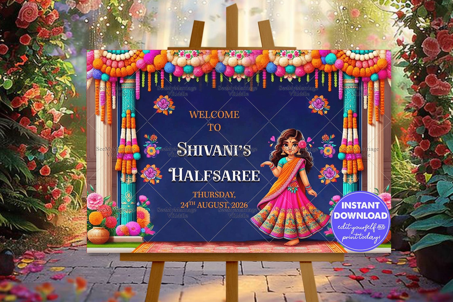 Deep Blue Theme Half Saree Ceremony Welcome Banner with Colorful Floral Decor