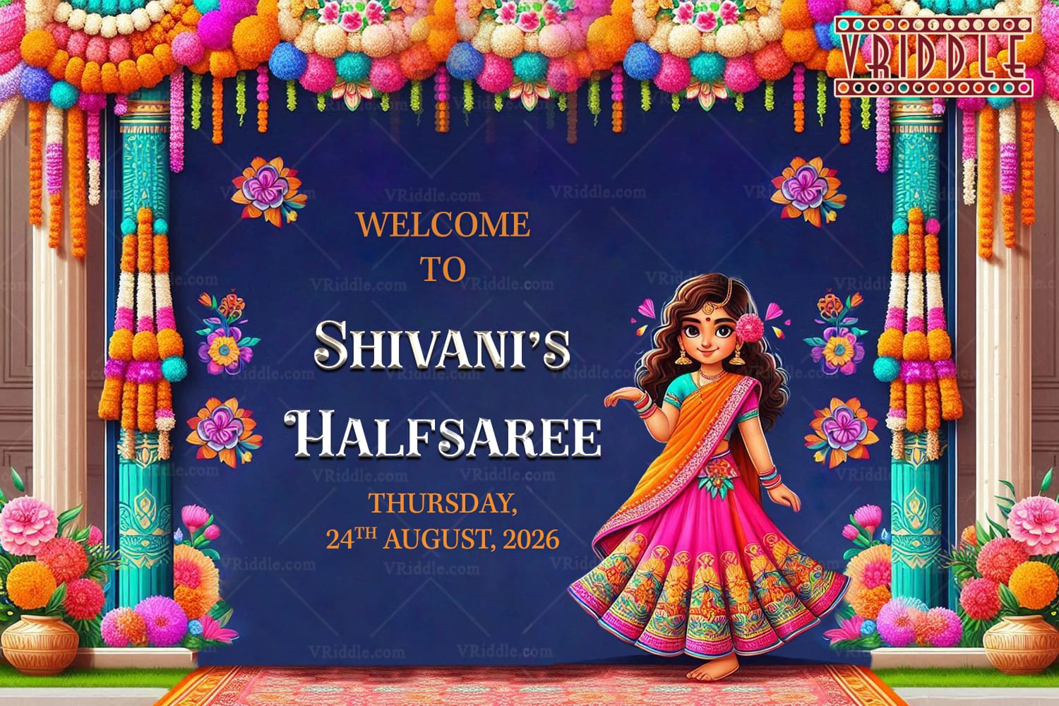 Deep Blue Theme Half Saree Ceremony Welcome Banner with Colorful Floral Decor