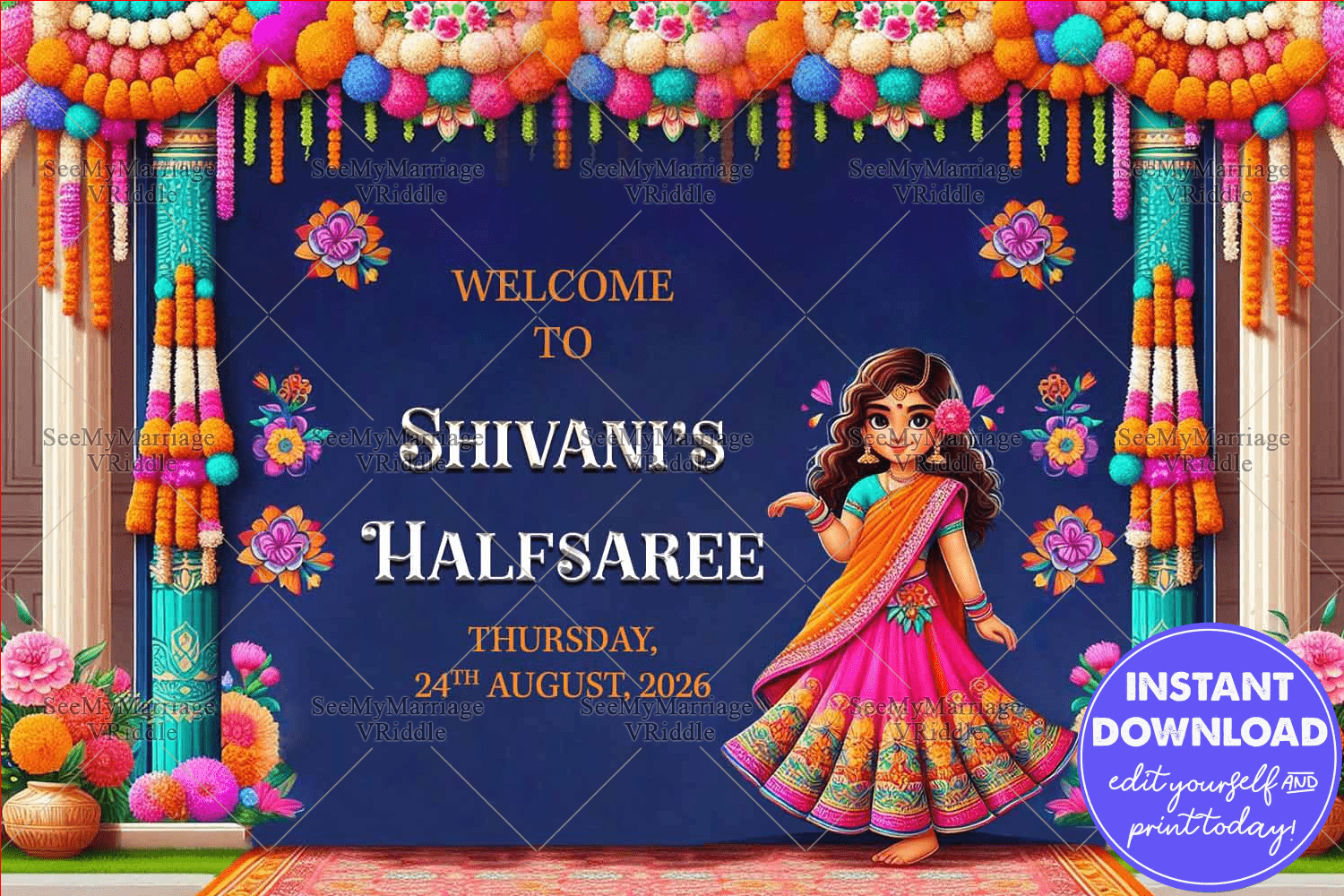 Deep Blue Theme Half Saree Ceremony Welcome Banner with Colorful Floral Decor
