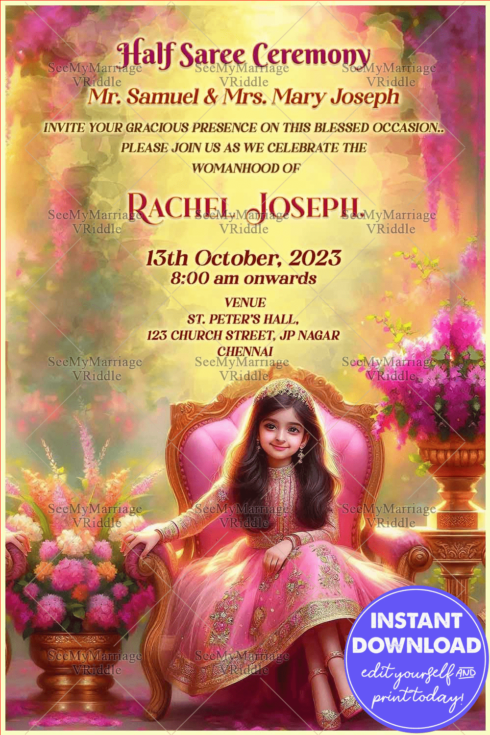 Elegant Pink Half Saree Ceremony Invitation with Floral and Traditional Decor