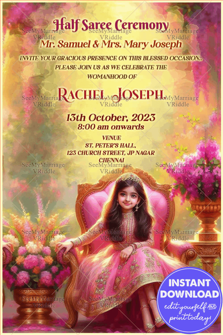 Elegant Pink Half Saree Ceremony Invitation with Floral and Traditional Decor