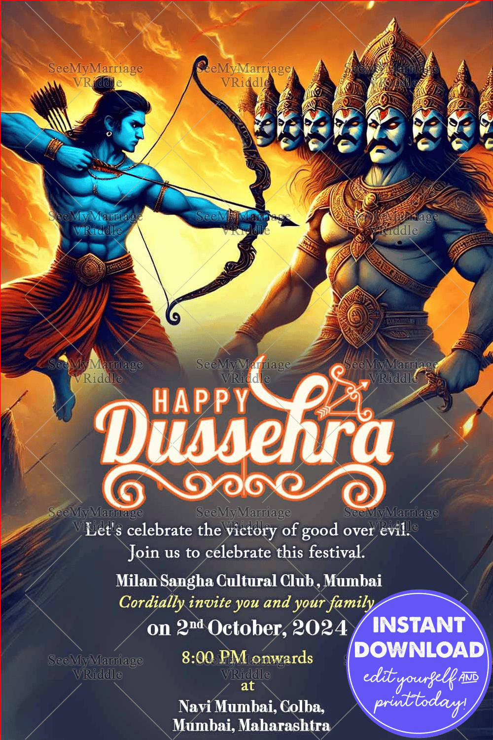 Epic Ramayana Battle Theme Dussehra Celebration Invitation Card