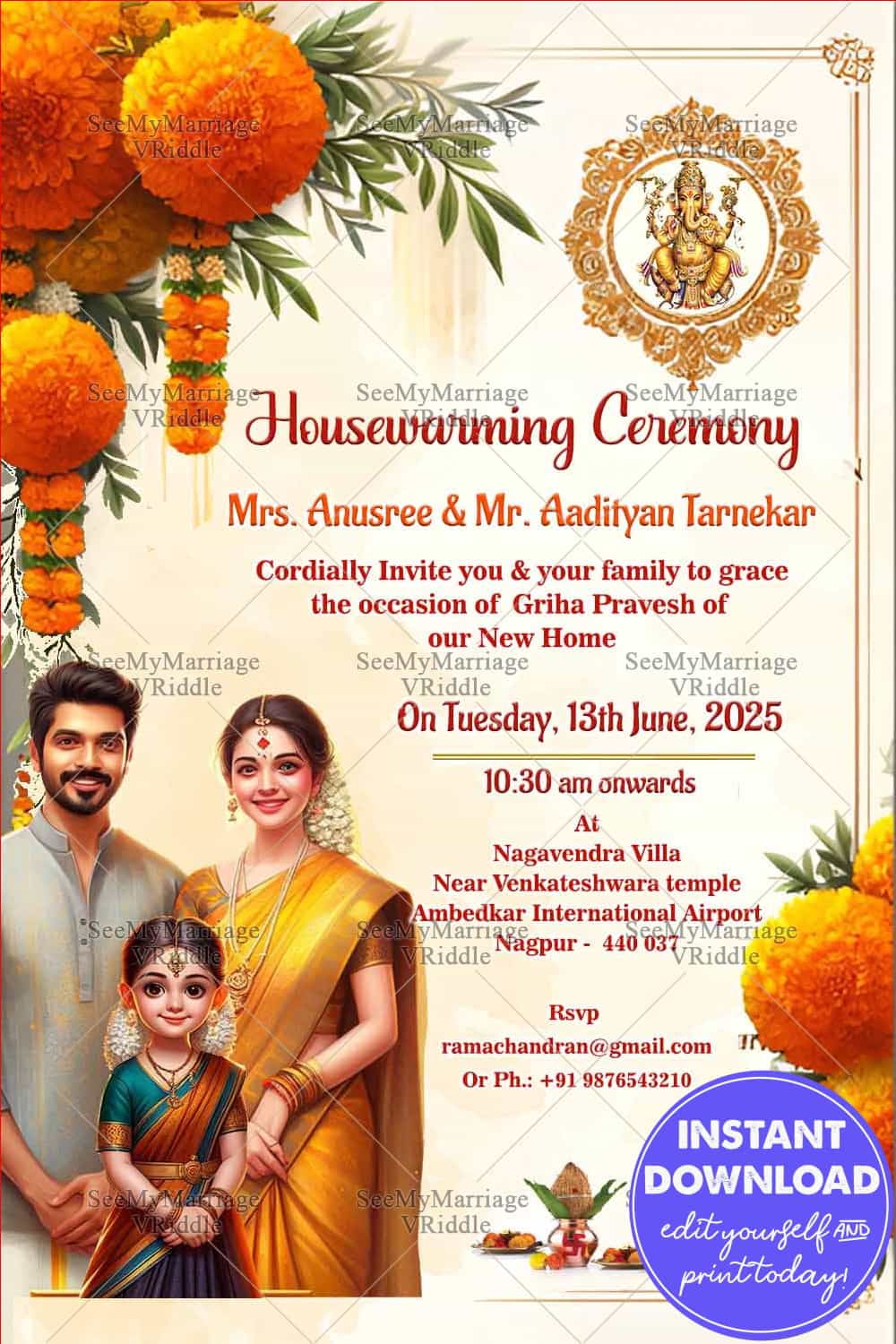 Family Themed Housewarming Invitation with Caricature and Marigold Decor