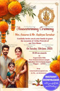 Family Themed Housewarming Invitation with Caricature and Marigold Decor