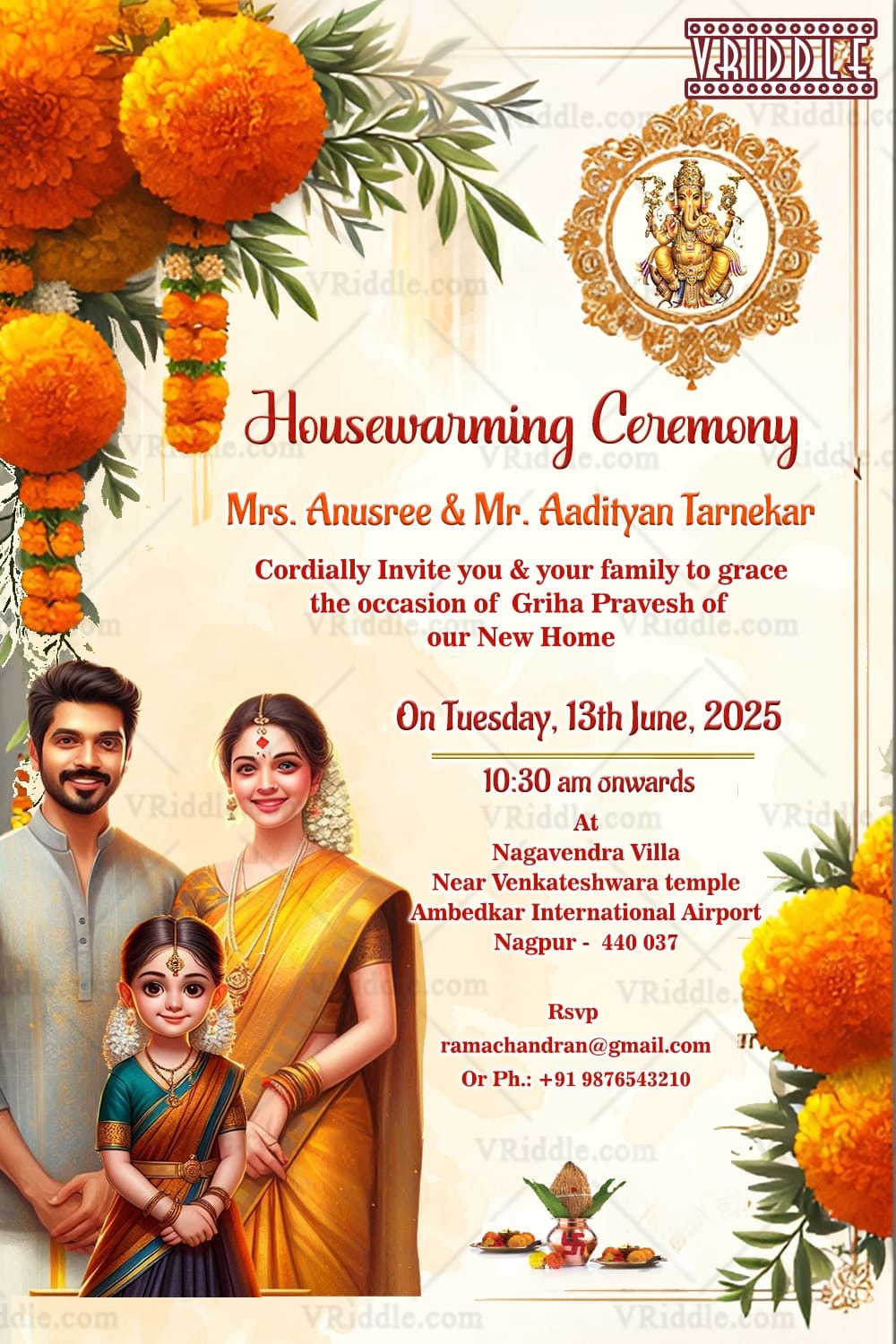 Family Themed Housewarming Invitation with Caricature and Marigold Decor