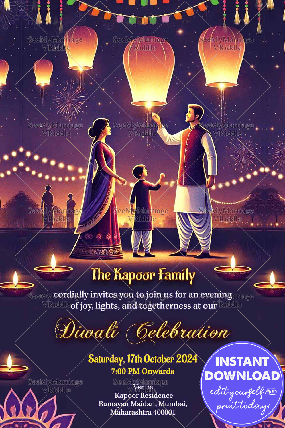 Festive Lanterns Theme Diwali Celebration Invitation Card