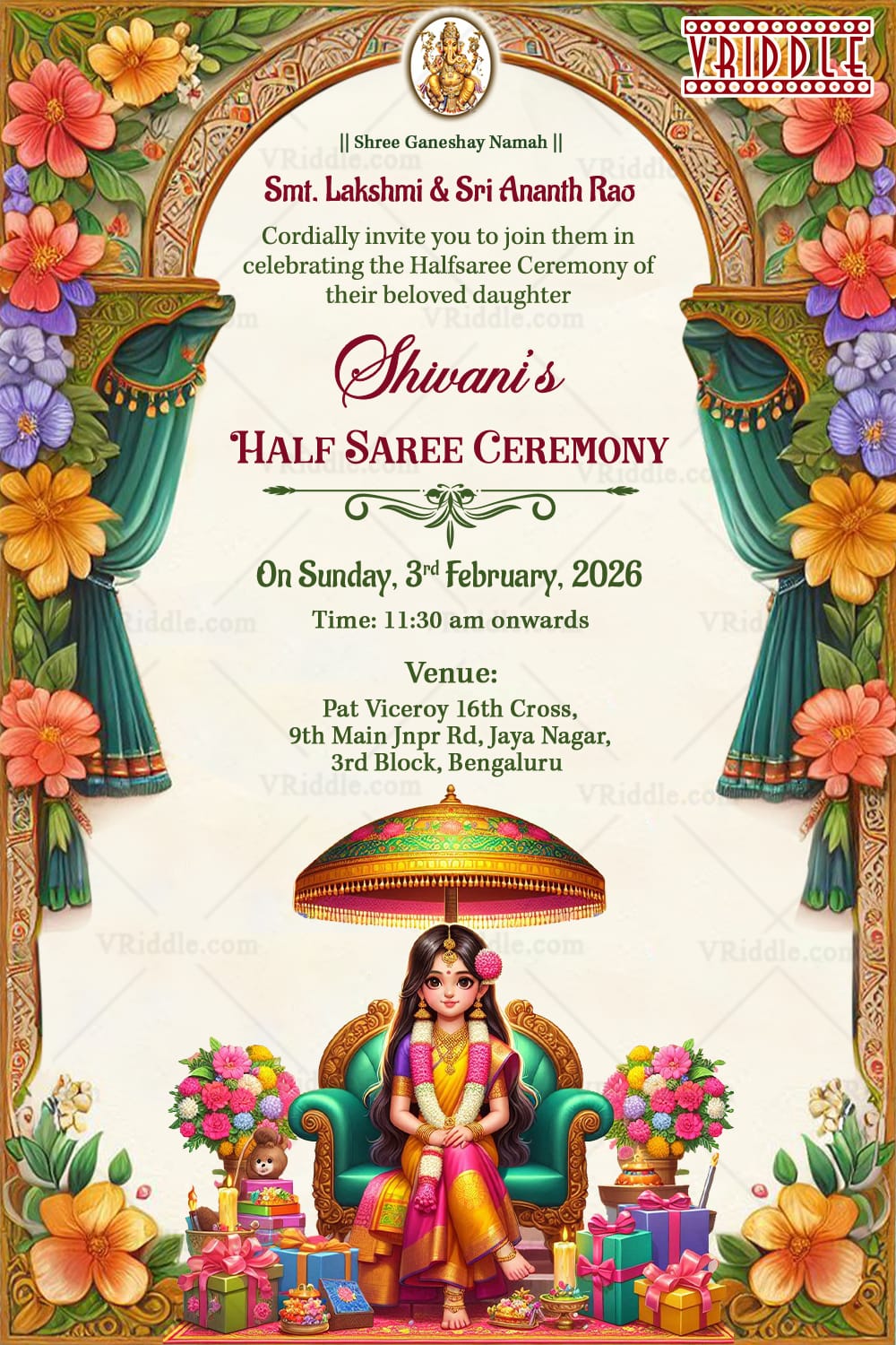 Floral Arch Half Saree Ceremony Invitation