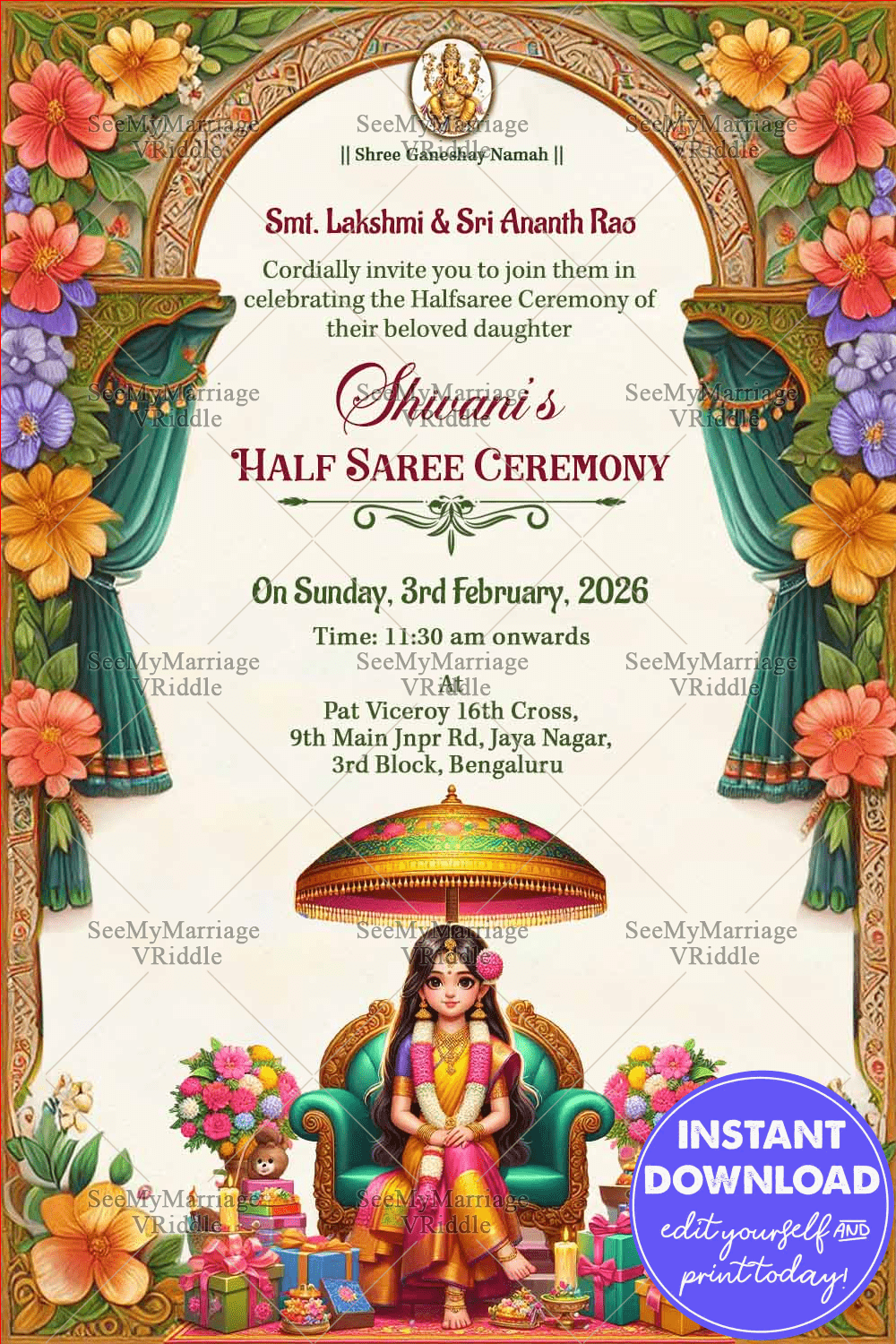 Floral Arch Half Saree Ceremony Invitation