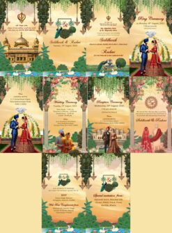 Floral Arch Theme Royal Indian Sikh Wedding College Card with Multiple Events Included