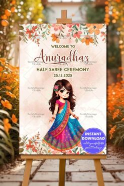 Floral Cartoon Half Saree Ceremony Invitation