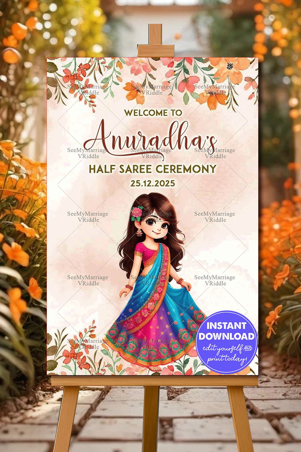 Floral Cartoon Half Saree Ceremony Invitation