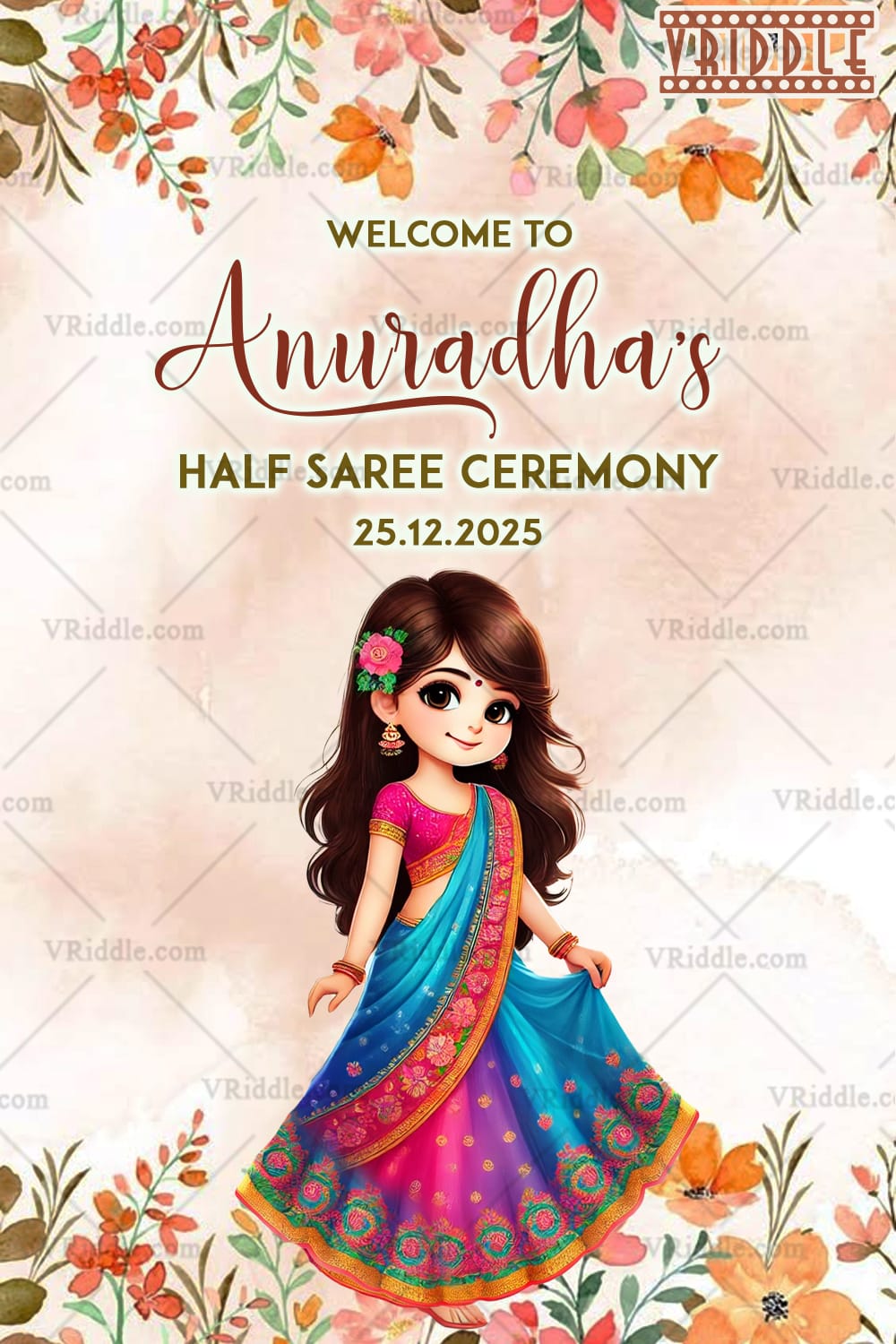 Floral Cartoon Half Saree Ceremony Invitation