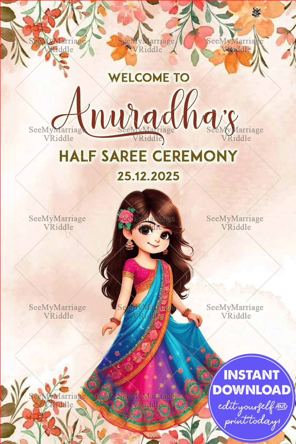 Floral Cartoon Half Saree Ceremony Invitation