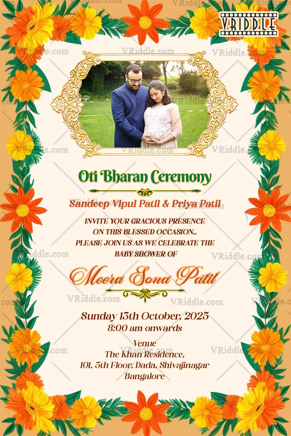 Floral Frame Oti Bharan Invitation Traditional Baby Shower Card