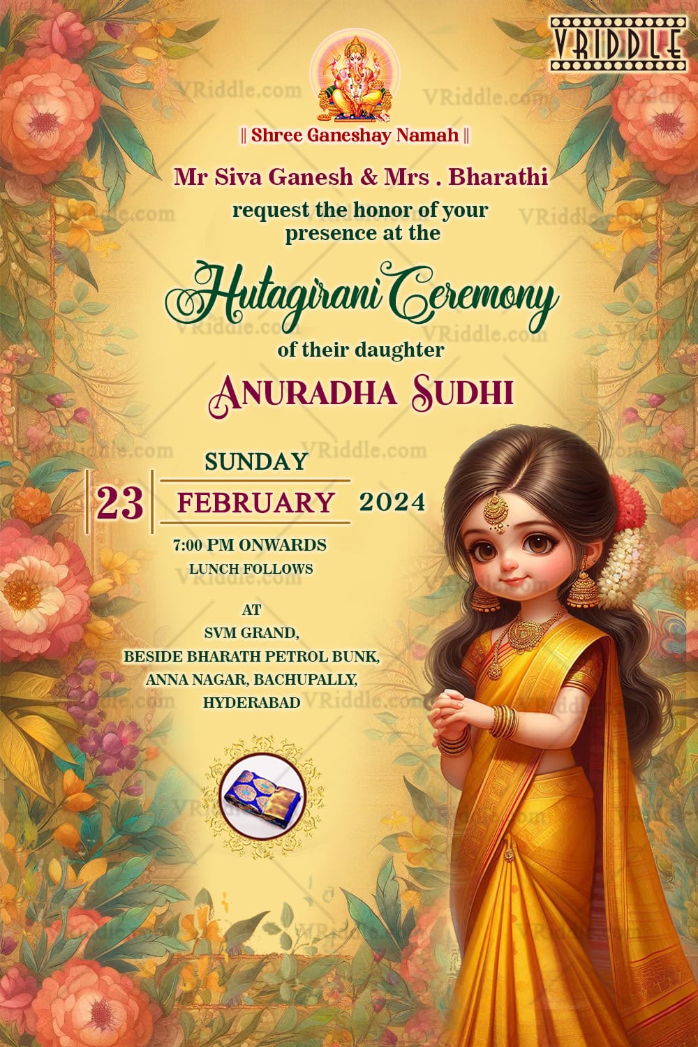 Floral Ganesha Hutagirani Ceremony Invitation with Traditional Artwork