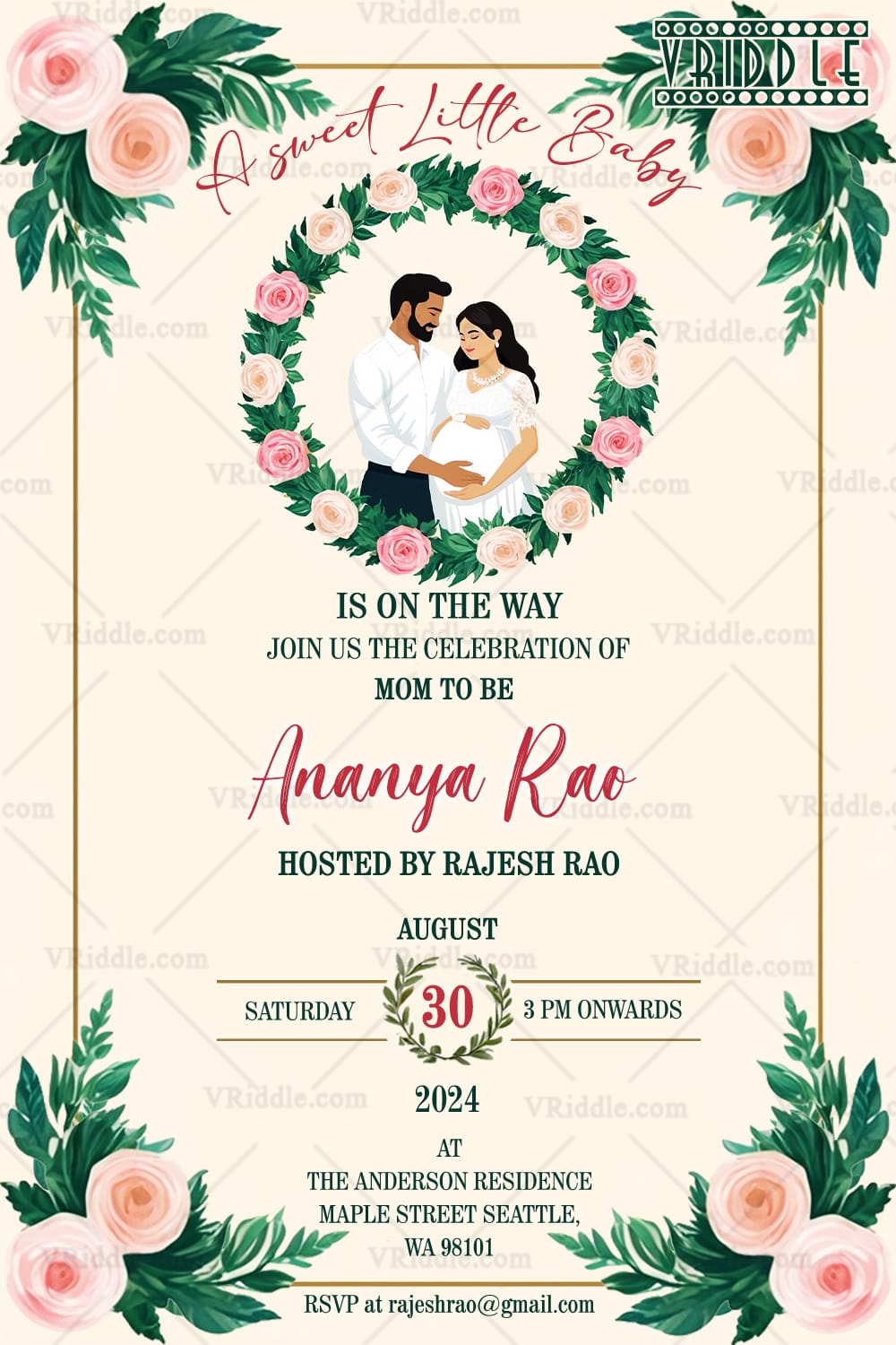 Floral Garden Theme Baby Shower Invitation Card with Cartoon Couple Illustration