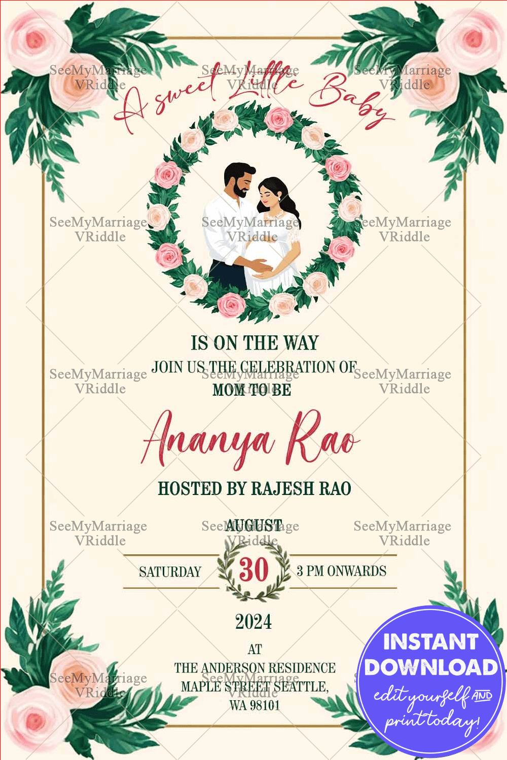 Floral Garden Theme Baby Shower Invitation Card with Cartoon Couple Illustration