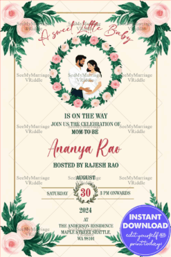 Floral Garden Theme Baby Shower Invitation Card with Cartoon Couple Illustration