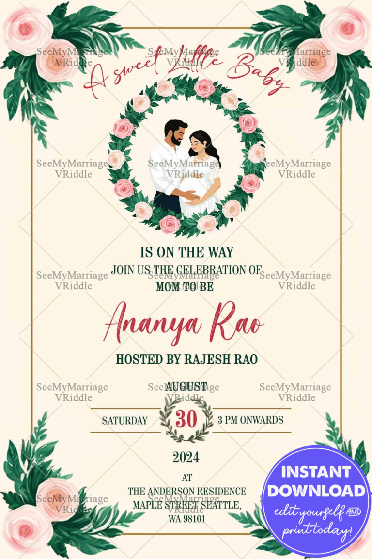 Floral Garden Theme Baby Shower Invitation Card with Cartoon Couple Illustration