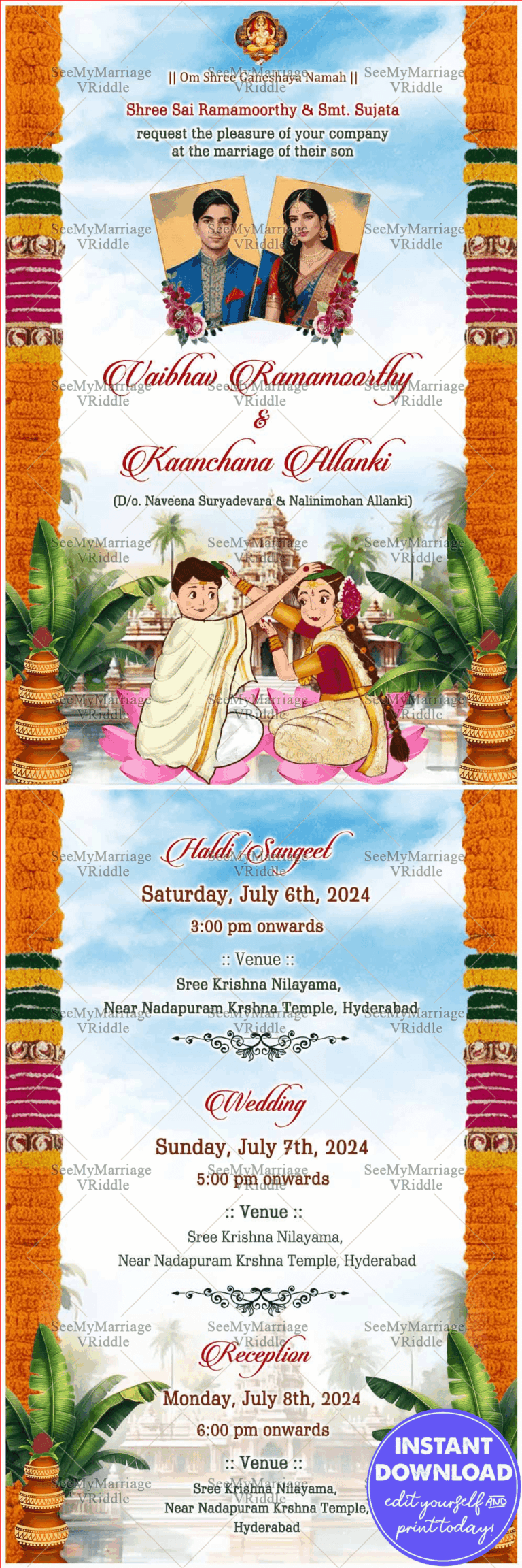 Floral Garland Theme Traditional Telugu Wedding Invitation Card with Add Photo Background