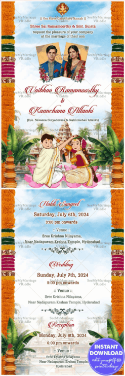Floral Garland Theme Traditional Telugu Wedding Invitation Card with Add Photo Background