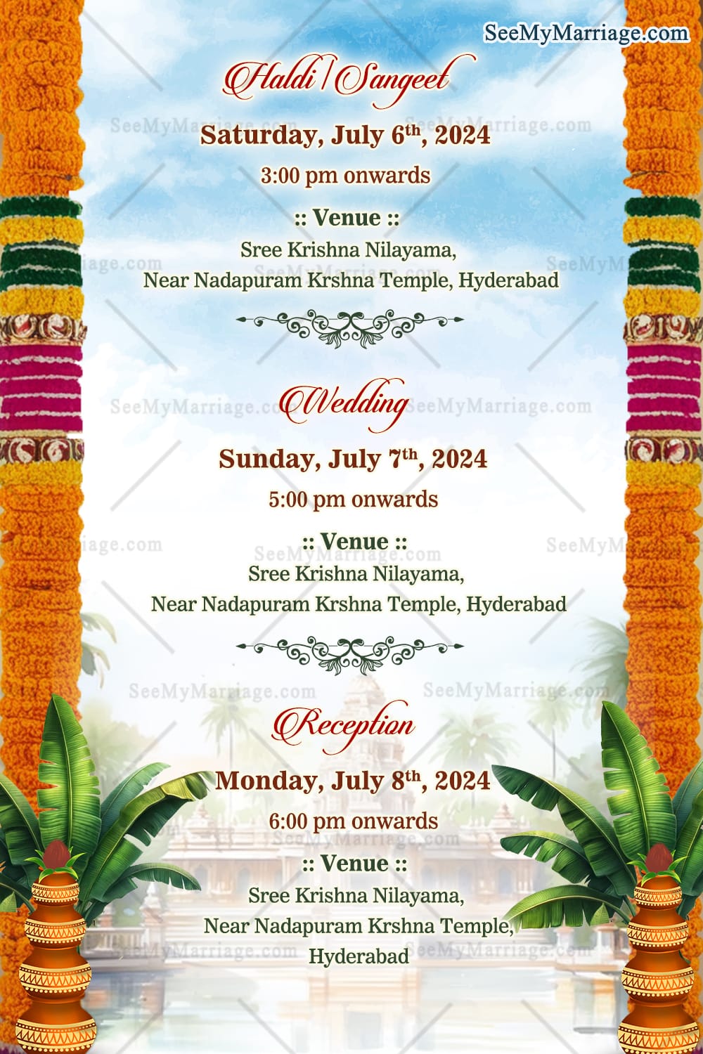 Floral Garland Theme Traditional Telugu Wedding Invitation Card with Add Photo Background