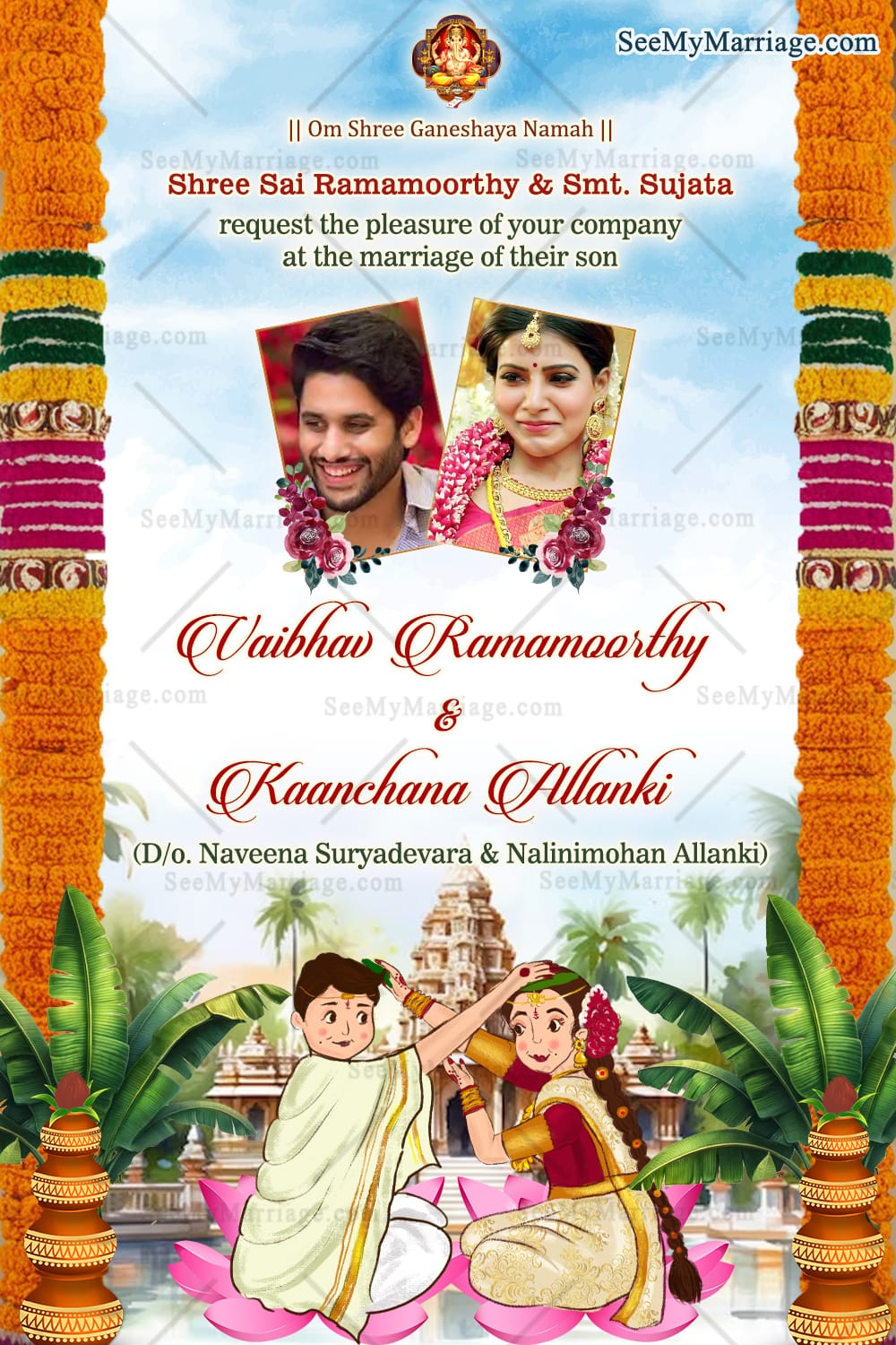 Floral Garland Theme Traditional Telugu Wedding Invitation Card with Add Photo Background