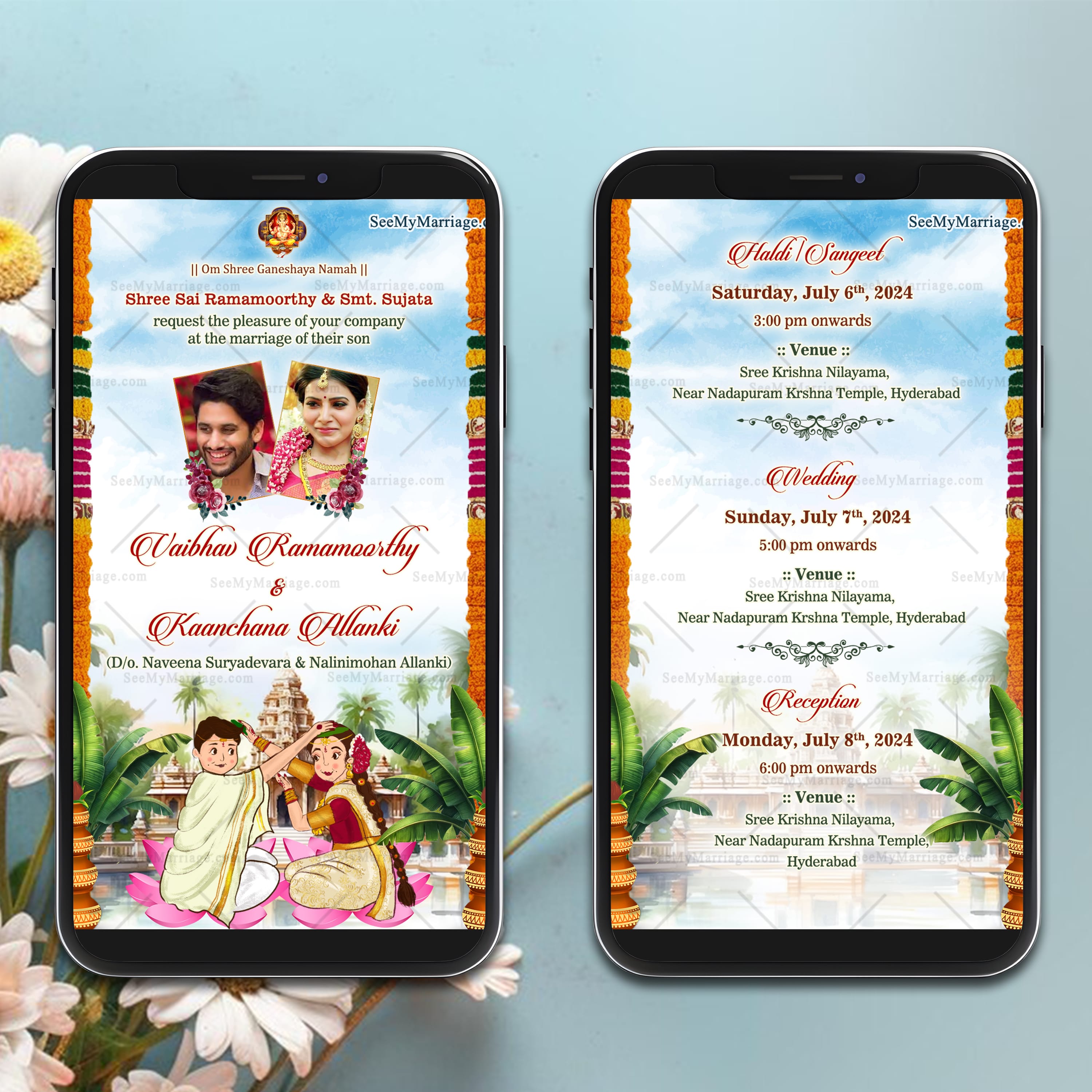 Floral Garland Theme Traditional Telugu Wedding Invitation Card with Add Photo Background