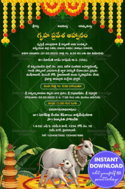 Floral Garlands Telugu Housewarming Invitation with Cow and Calf Illustration
