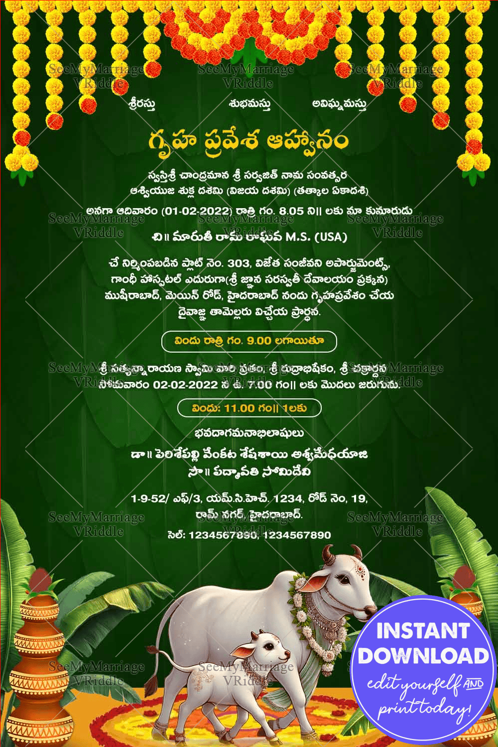 Floral Garlands Telugu Housewarming Invitation with Cow and Calf Illustration