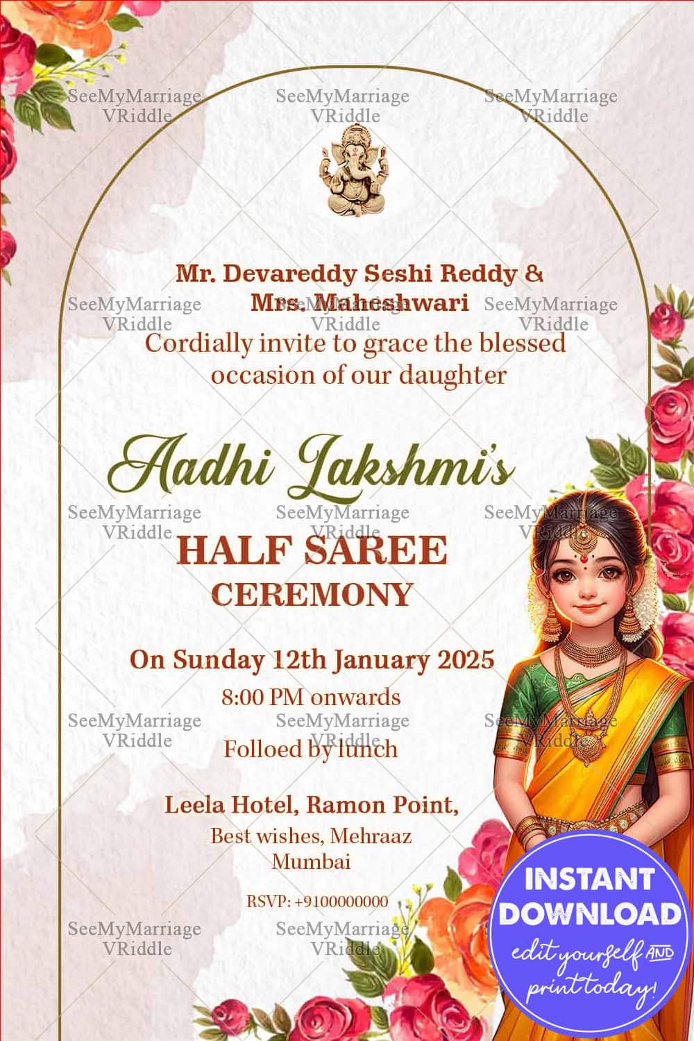 Floral Invitation Half Saree Ceremony for Daughter Sumithra