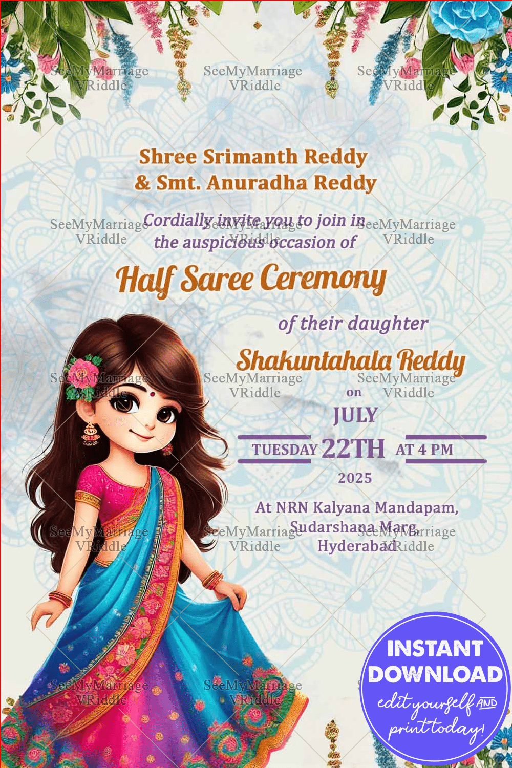 Floral Mandala Half Saree Ceremony Invitation