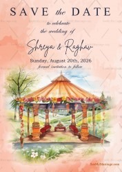 Floral Mandap Save the Date Invitation with Scenic Landscape Background