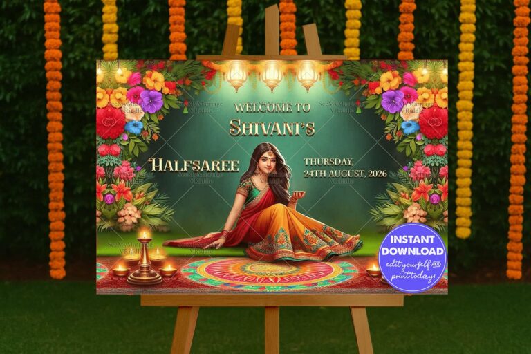 Floral Patterns Theme Half Saree Ceremony Welcome Banner with Lanterns Decor