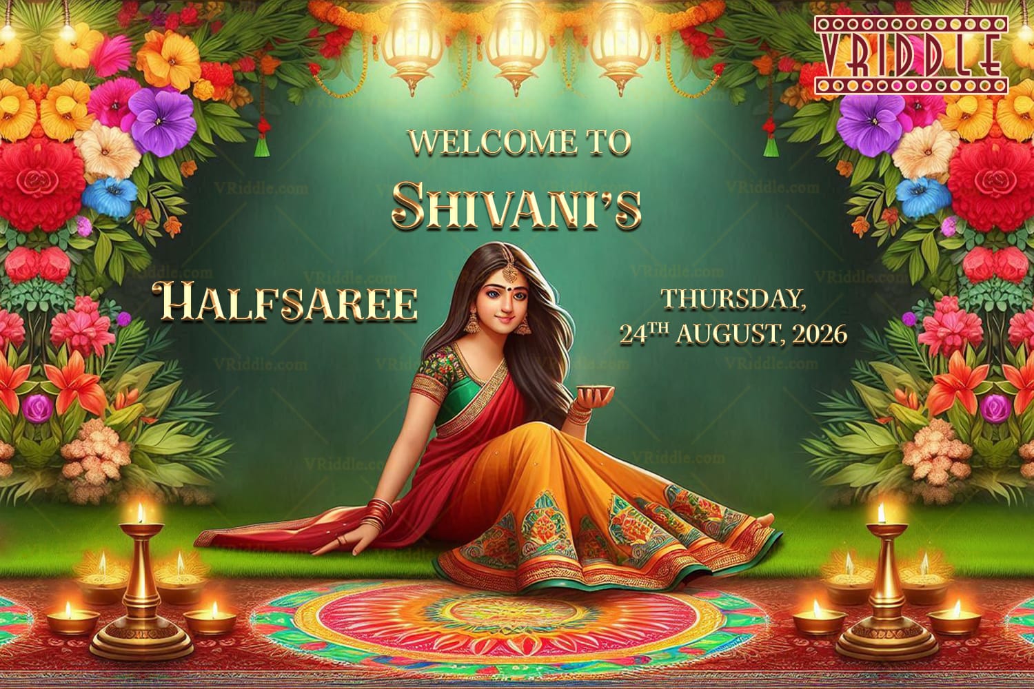 Floral Patterns Theme Half Saree Ceremony Welcome Banner with Lanterns Decor