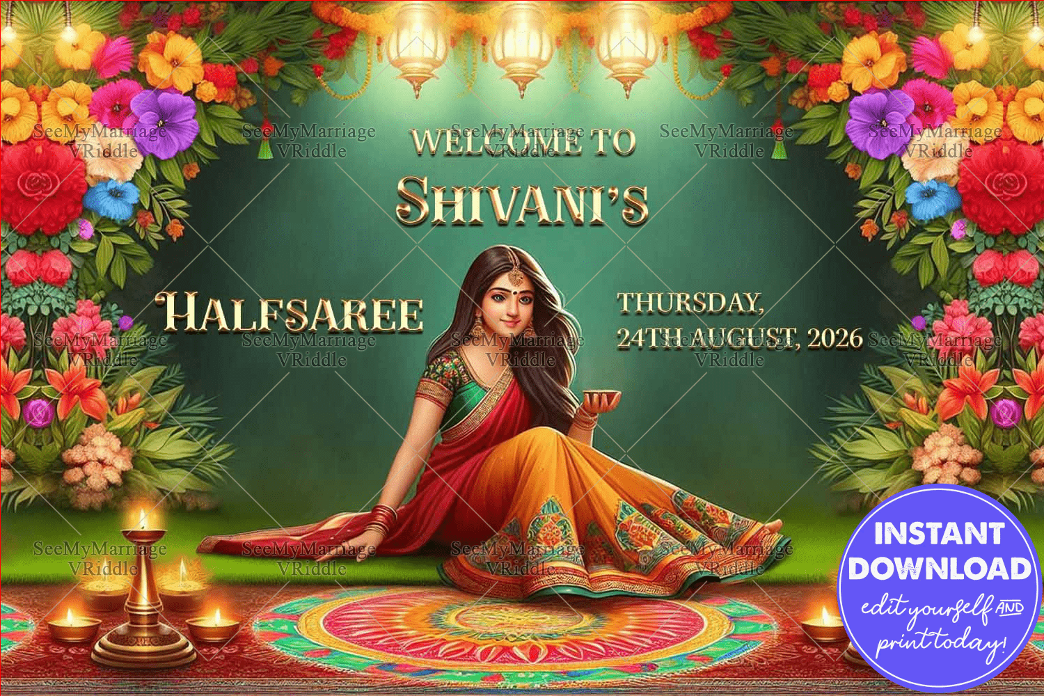 Floral Patterns Theme Half Saree Ceremony Welcome Banner with Lanterns Decor