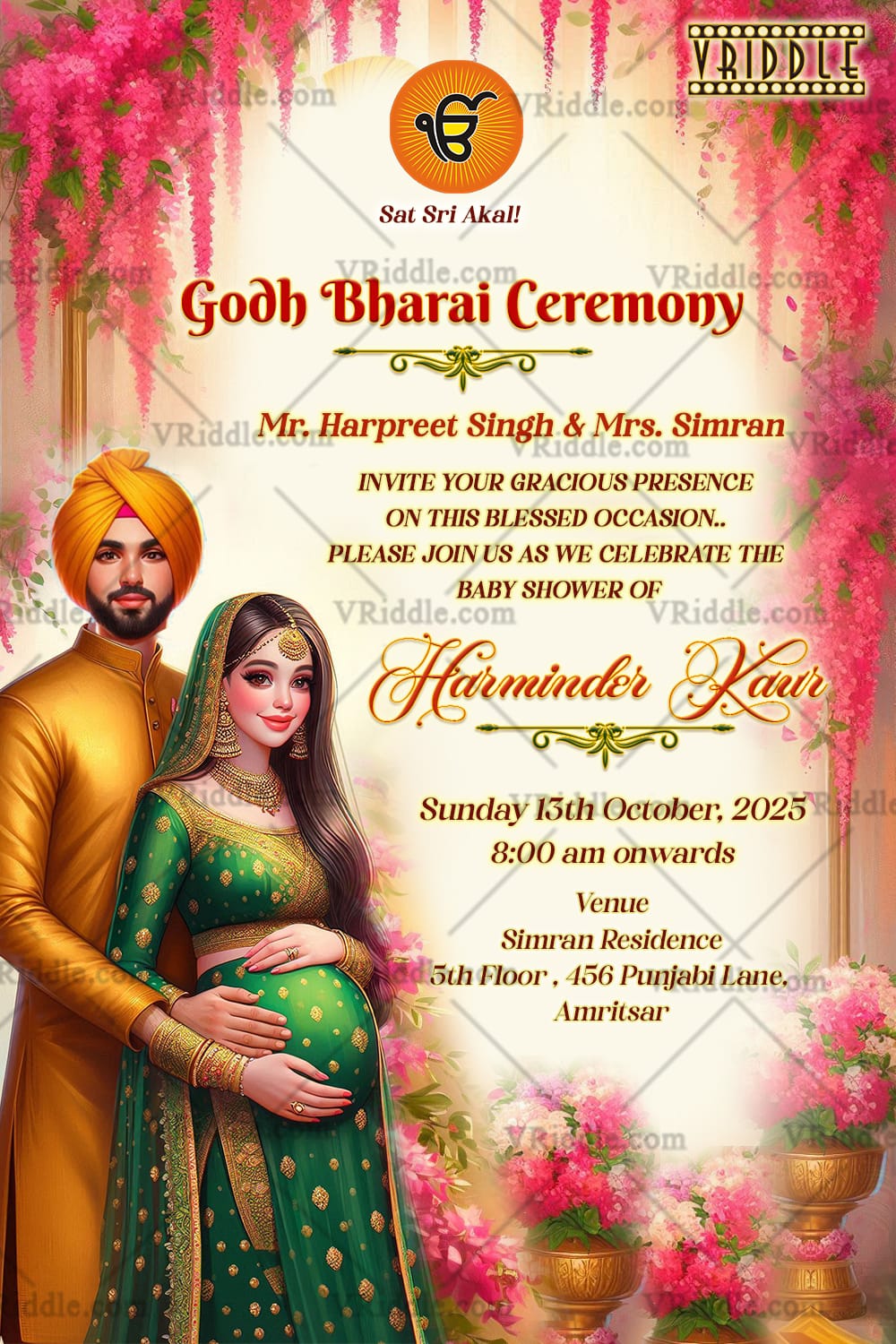 Floral Punjabi Godh Bharai Invitation Traditional Baby Shower Card