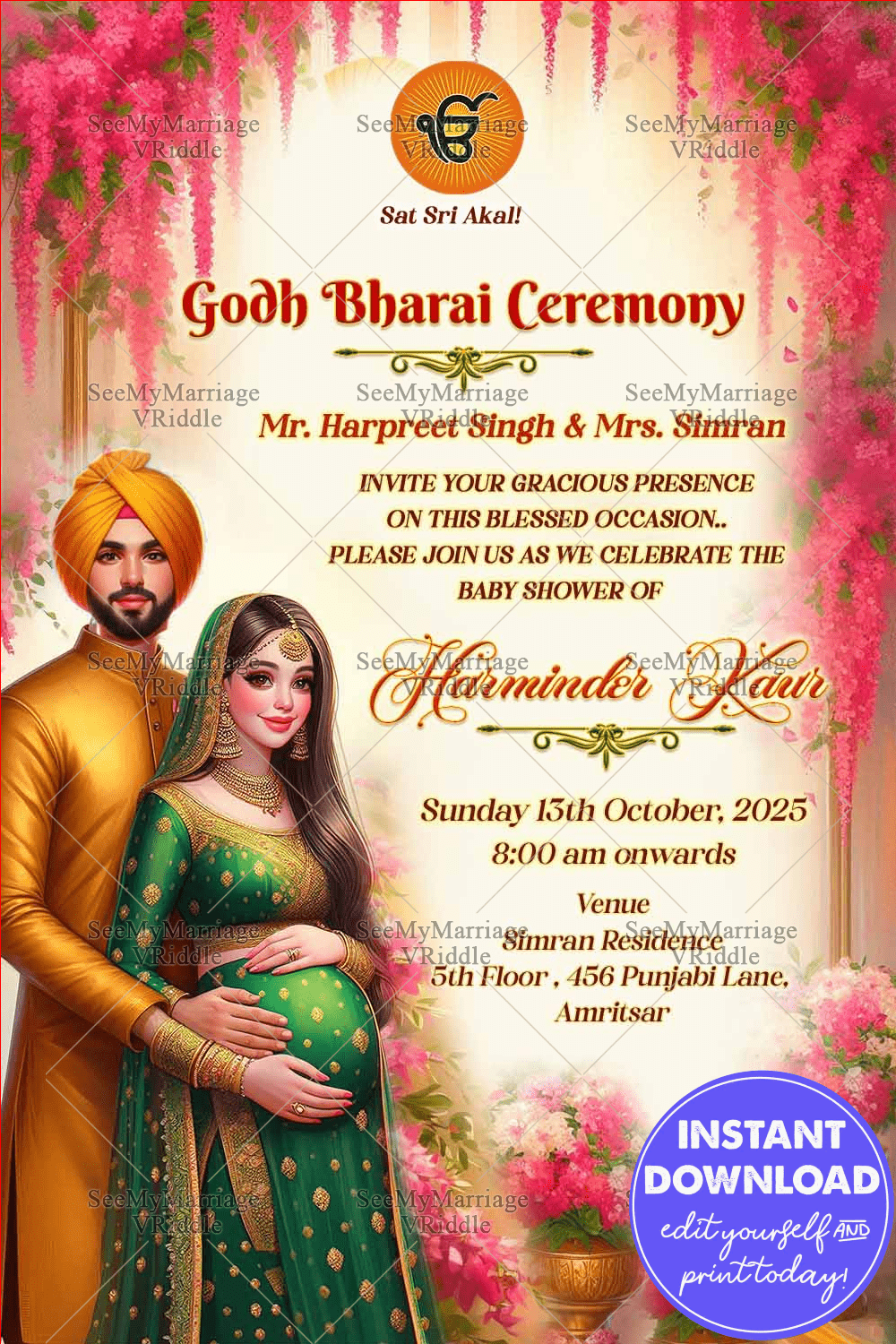 Floral Punjabi Godh Bharai Invitation Traditional Baby Shower Card