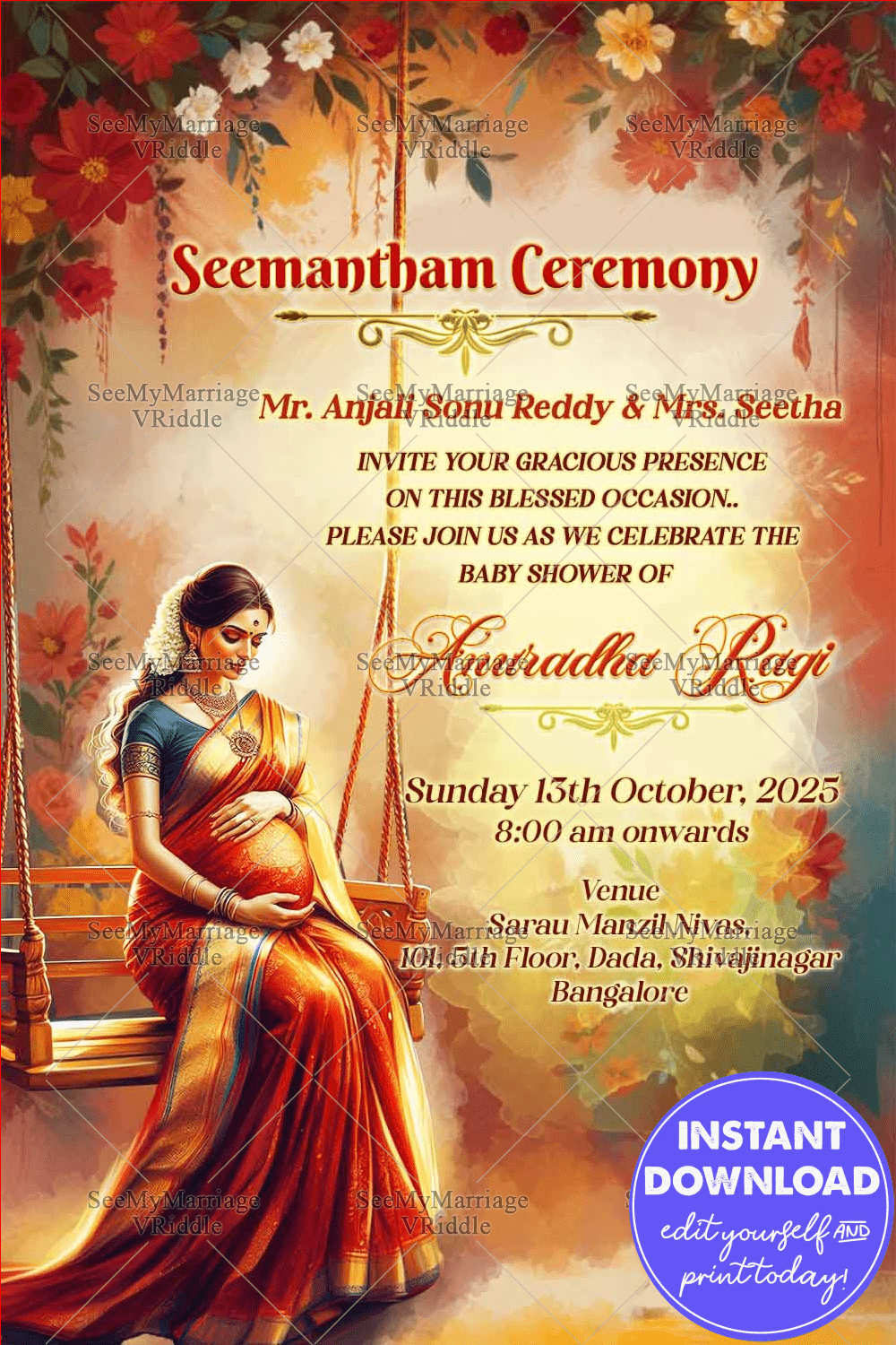 Floral Seemantham Invitation Traditional Baby Shower Design