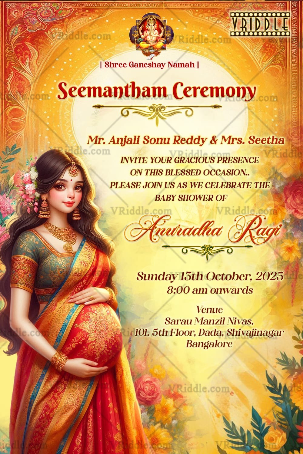 Ganesh Blessings Seemantham Invitation Traditional Baby Shower Card (2)