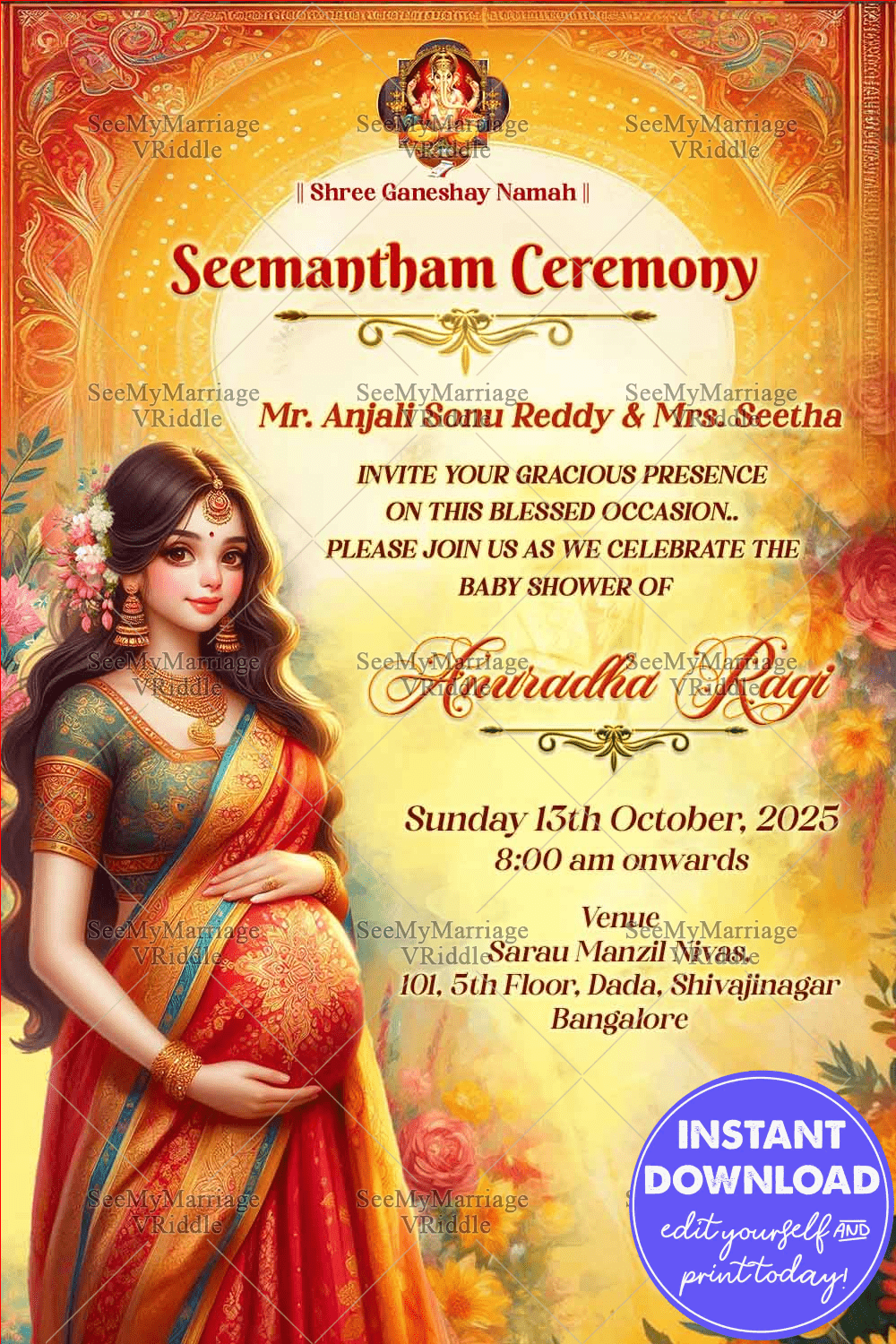 Ganesh Blessings Seemantham Invitation Traditional Baby Shower Card