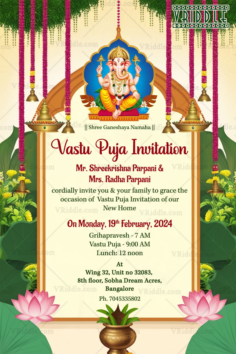 Ganesha Blessings Vastu Puja Invitation Card