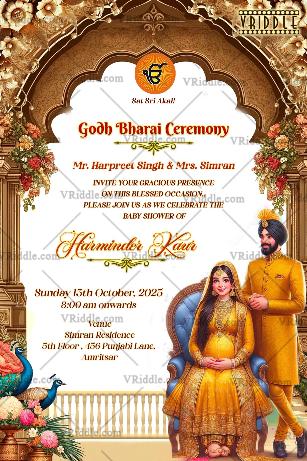 Golden Arch Godh Bharai Invitation Punjabi Baby Shower Card