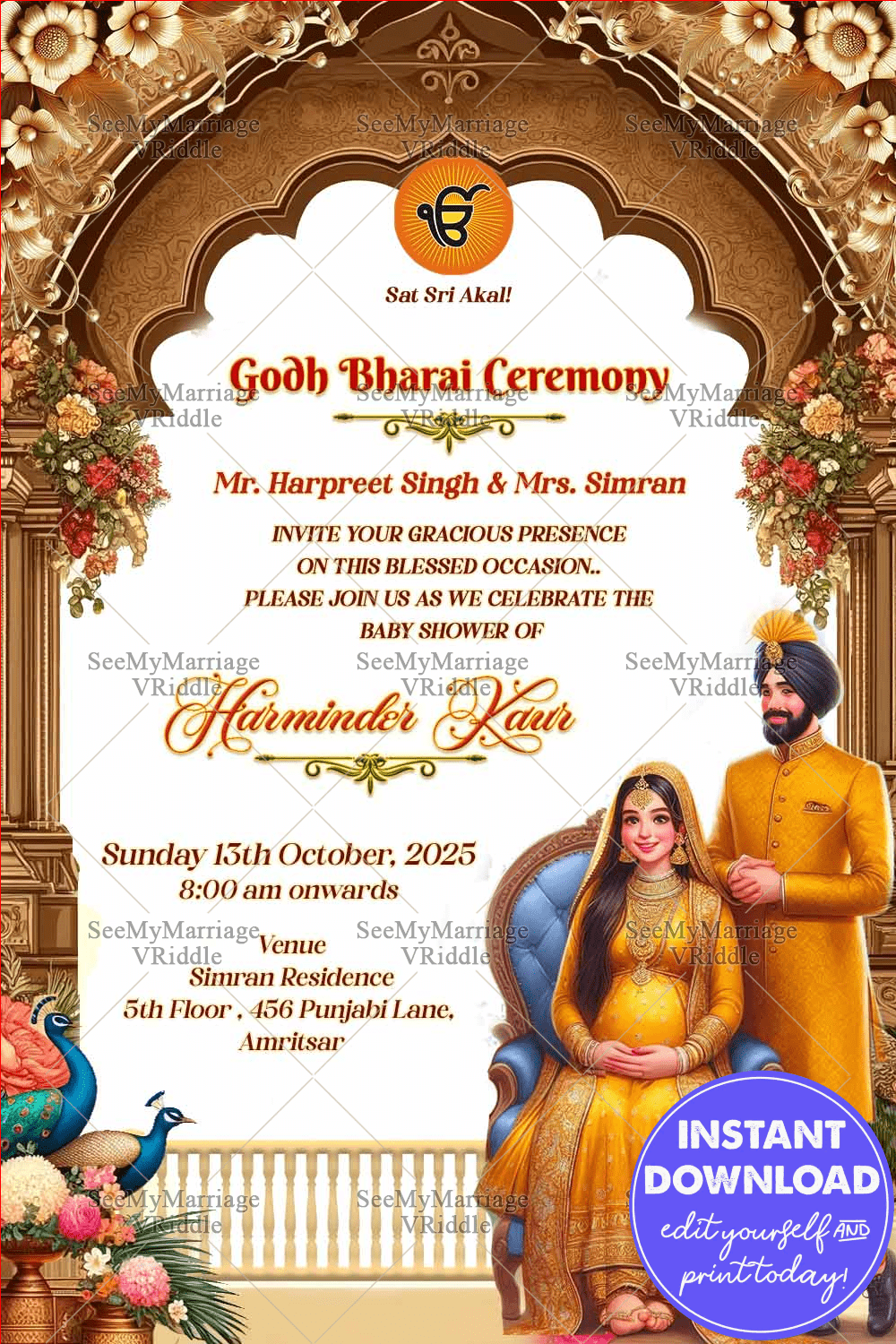 Golden Arch Godh Bharai Invitation Punjabi Baby Shower Card