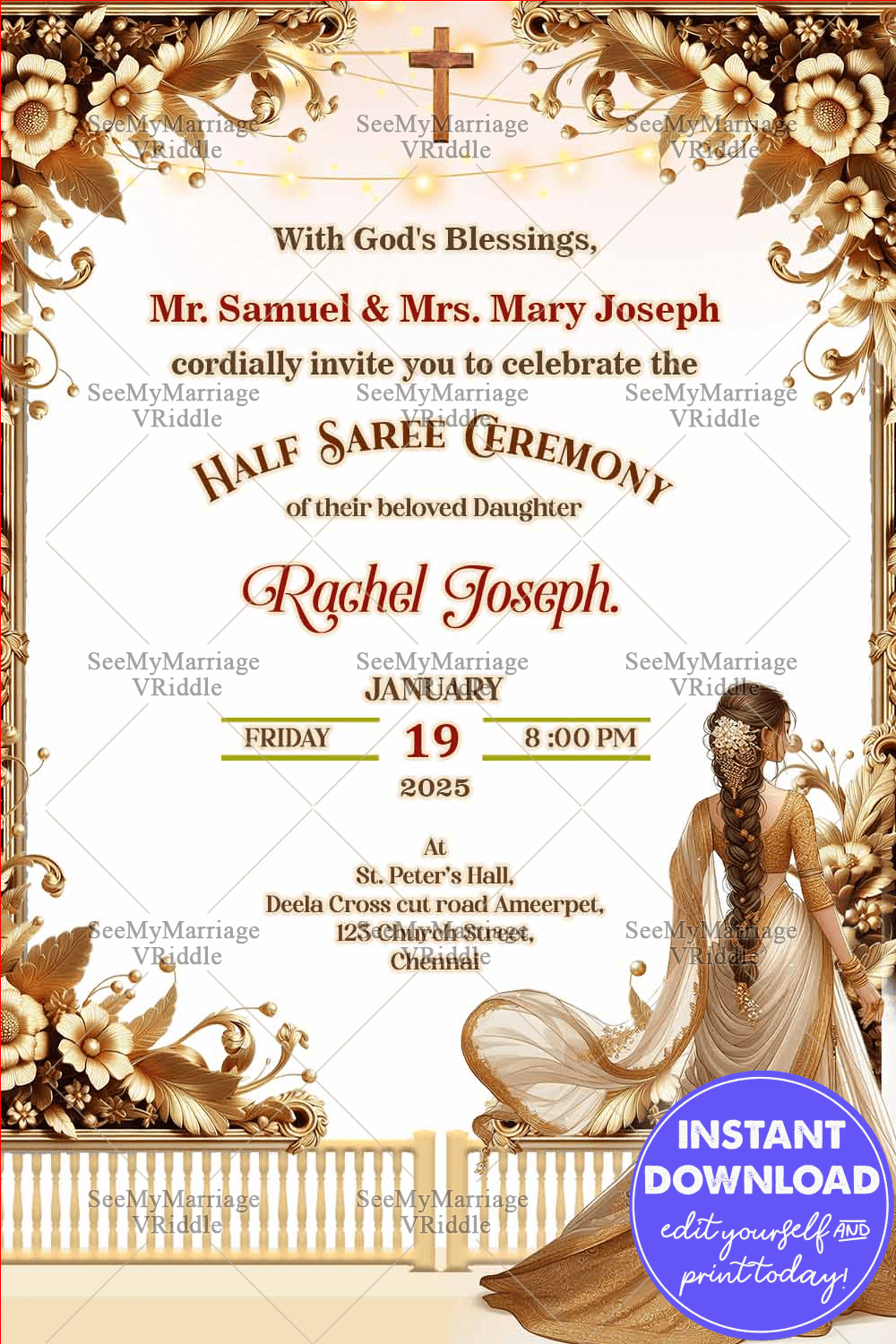Golden Floral Half Saree Ceremony Invitation Card