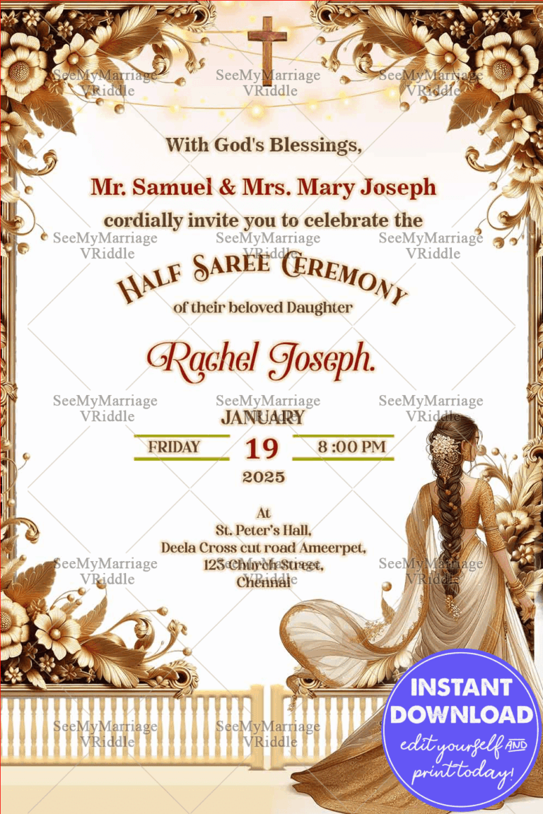 Golden Floral Half Saree Ceremony Invitation Card