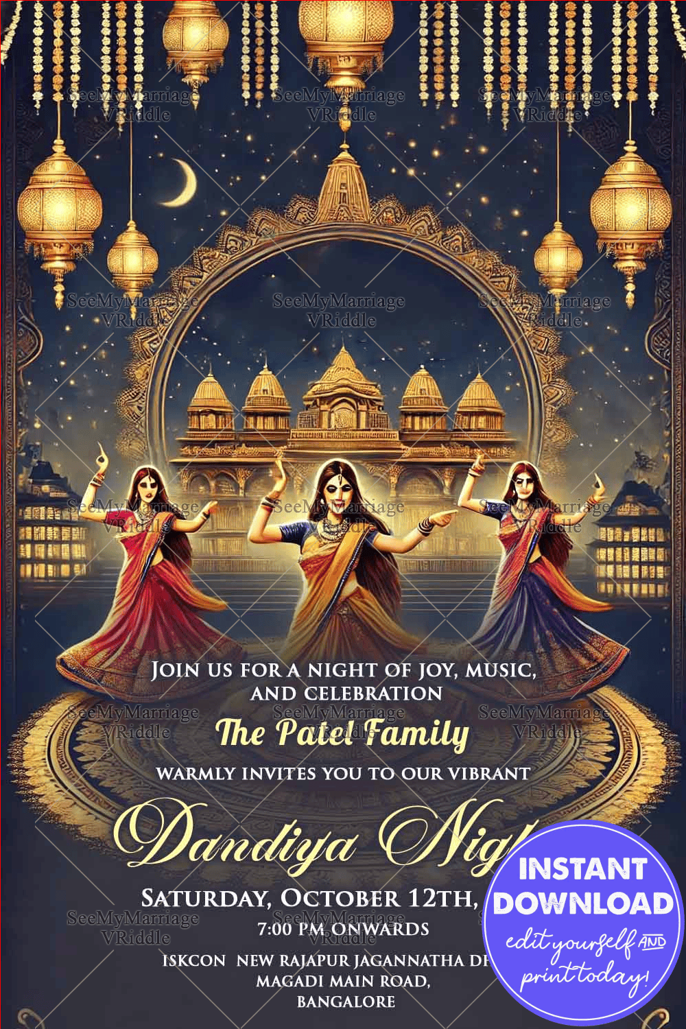 Golden Lanterns Theme Navratri Celebration Traditional Dandiya Night Invitation Card